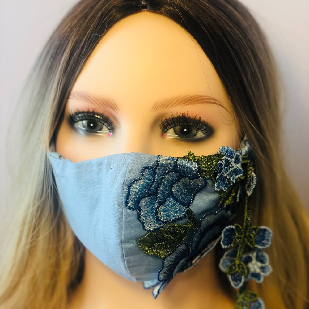 NEW- Blue Face Mask with Blue Roses on the side